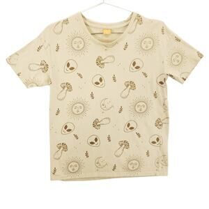 Vibe N T Shirt Womens Extra Small Beige Alien Mushroom Sun Leaf All Over Print